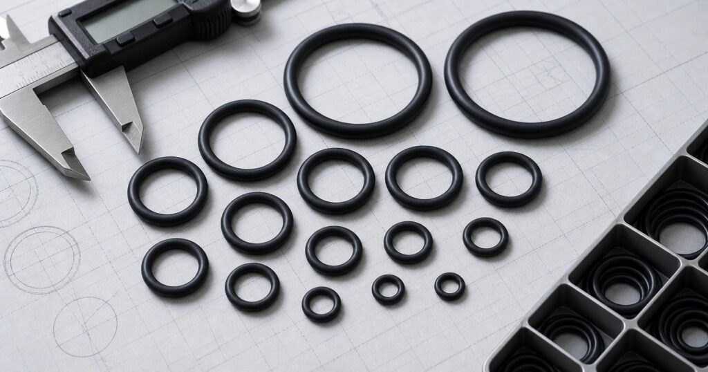 Custom rubber O-rings in different sizes with a digital caliper for dimensional inspection