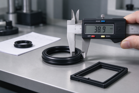 Measuring a black rubber seal sample with a digital caliper