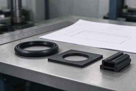 Custom rubber seals and gasket samples with a ruler and blank sketch paper